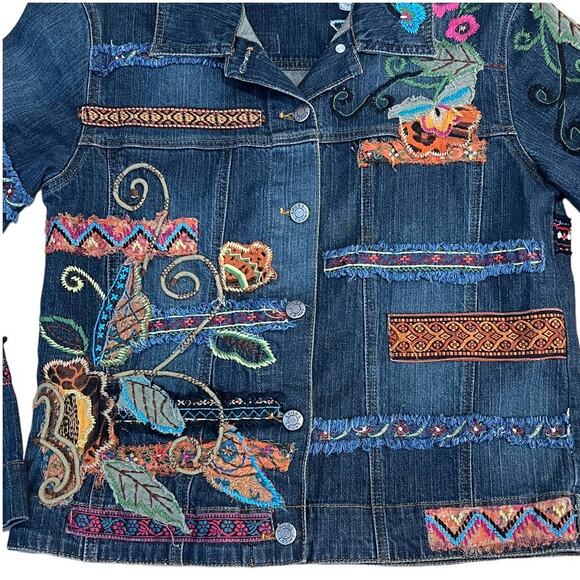 Chico's Multicolor Floral & Ribbon Embroidered Denim Jacket Cotton Blend Size 0 - Picture 2 of 13
